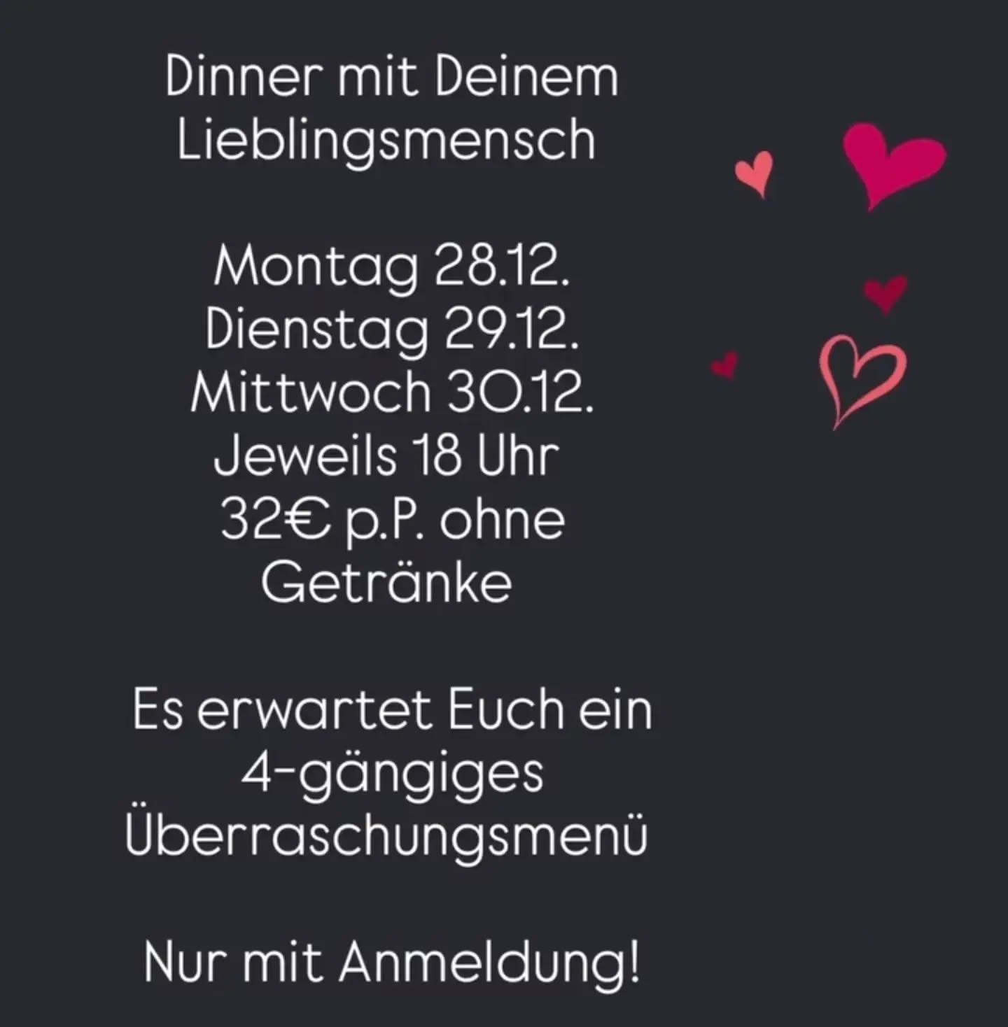 Es ist wieder soweit!

Wir können nicht nur Falafel und kochen mit viel Liebe für Euch im kleinen familiären Umfeld auf.

Lasst Euch überraschen welche Gänge wir dieses Jahr für Euch ausgesucht haben.

Ihr seid noch auf der Suche nach einem Weihnachtsgeschenk?

Ihr wollt schon lange mal wieder eine gute Zeit mit Eurem Lieblingsmensch verbringen?

Dann meldet Euch schnell an und sichert Euch ein Plätzchen.

#Weihnachtsgeschenk #qualitytime #lieblingsmensch 
#orientalfood #soulfood